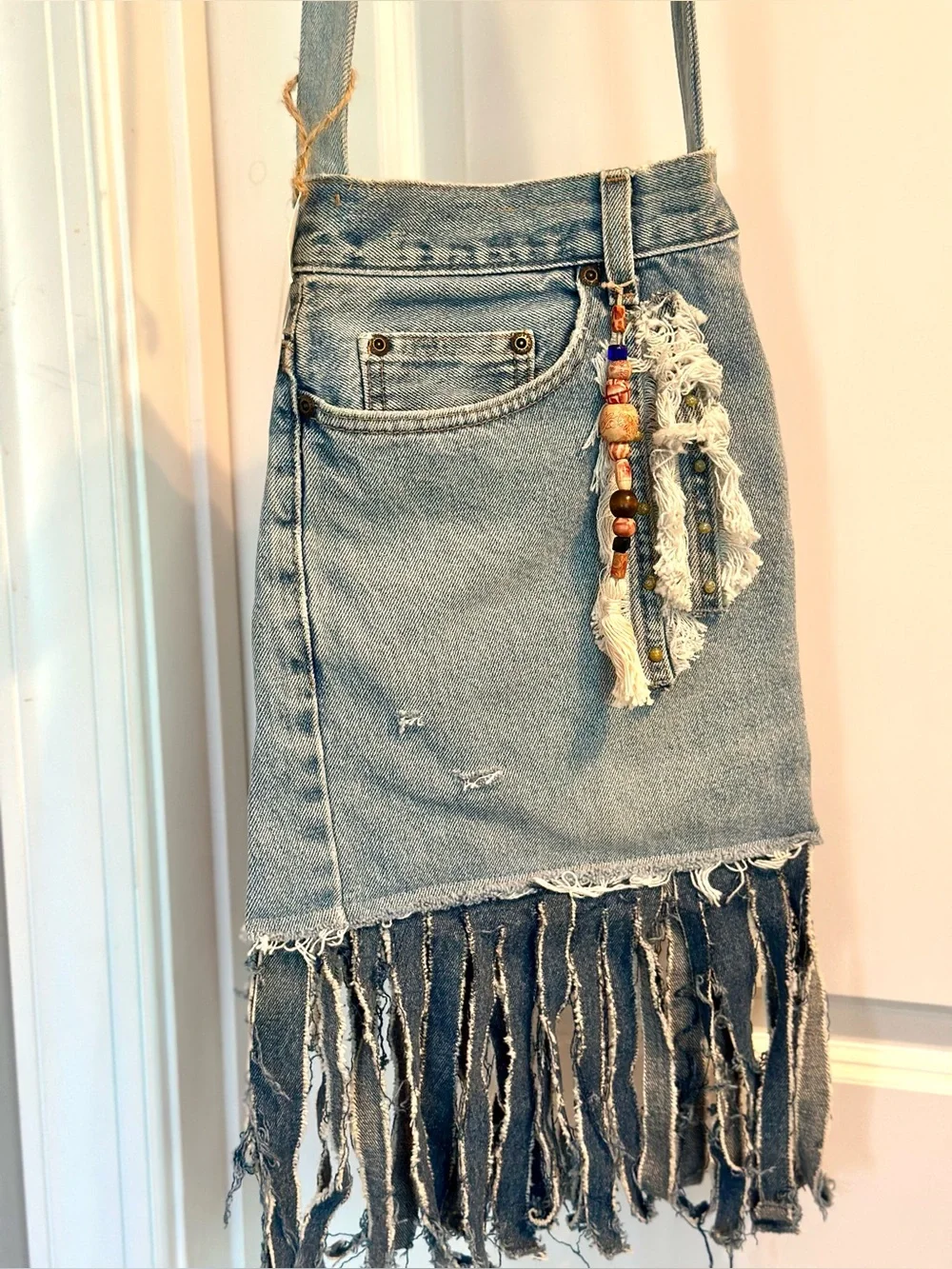 Unique BOHO Handmade Crossbody Upcycled Denim Fringed W/Beads Bag
